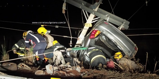 Grave acidente deixa quatro rapazes feridos em Morrinhos. Carro saiu da pista e bateu no poste!
