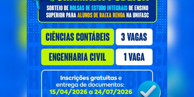 CHAMADA PÚBLICA: Sorteio de Bolsas de Estudo Integrais de Ensino Superior para alunos de baixa renda na UNIFASC em Itumbiara