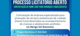 Prefeitura de Itumbiara informa: Está aberto o Processo Licitatório para contratação de empresa especializada na prestação de serviços de Home Care, destinados ao atendimento de crianças e adolescentes acolhidos no Abrigo Sol Nascente